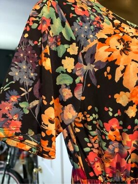 Black Floral Short Sleeve Dress with Multicolor Blooms